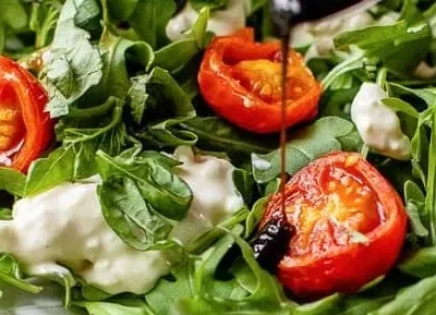 Air Fryer Burst Tomato Burrata Caprese Salad