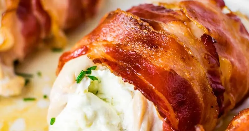 Bacon Wrapped, Cream Cheese Stuffed Chicken