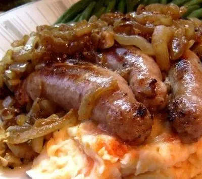 Bangers And Mash With Golden Onions