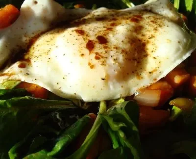 Crispy Bacon &Amp; Sweet Potato Spinach Salad With A Fried Egg Topping