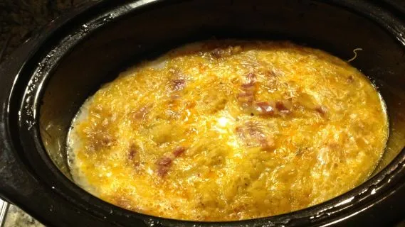 I read the reviews about this drying out. mine did not. I did use only 7 eggs instead of the 12 and a little more than half of the potatoes. used full can of condensed milk instead of the 1 cup of milk. this came out great for me. I made sure to turn on the crockpot so that it would only cook for exactly 8 hours. it was a bit watery (think from the frozen potatoes) but I drained out the water easily enough. I thought this would be a cook dish for a breakfast before church. It was fast and easy and pretty tasty.