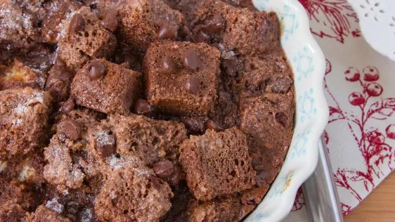 Decadent Chocolate Bread Pudding with a Sweet Sugar Crust