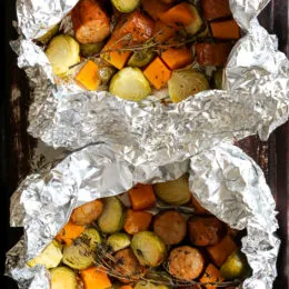 Easy and Spicy Sausage, Brussels Sprouts, and Butternut Squash Foil Pack Dinners