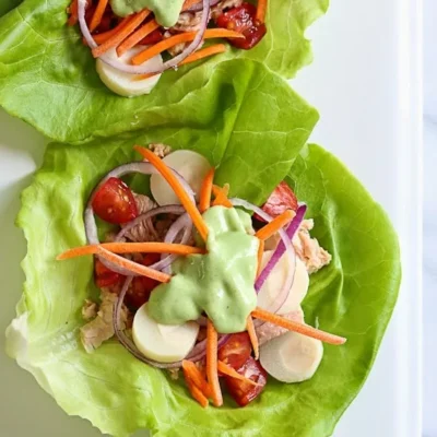 Healthy Tuna And Avocado Lettuce Wraps With Creamy Yogurt Dressing