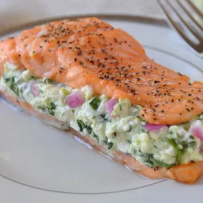 Salmon Stuffed W/Spinach Onion & Cheese