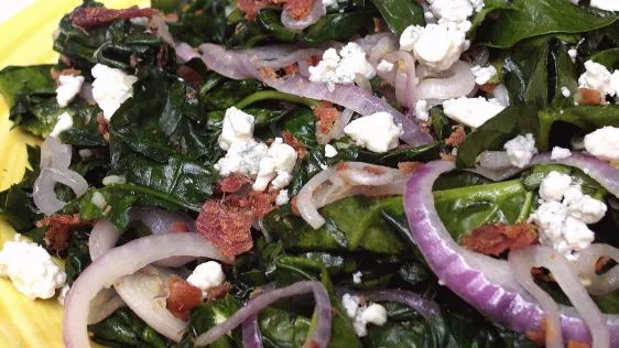 Sauteed Spinach With Red Onion, Bacon & Blue