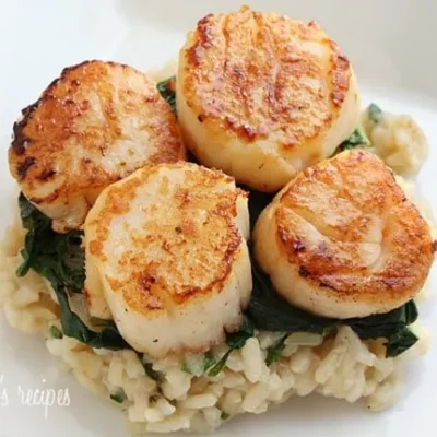 Scallops Over Wilted Spinach Parmesan Risotto