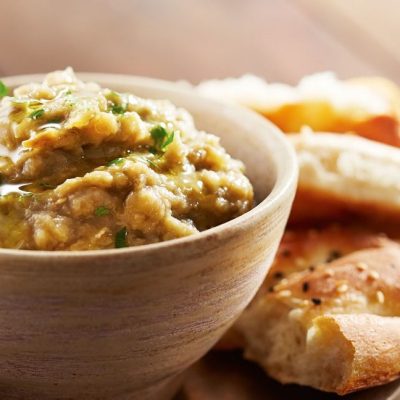Indian Eggplant And Onion Dip With Pita Chips
