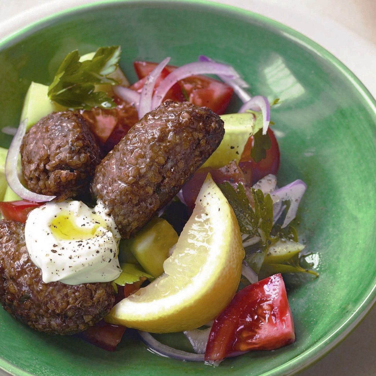 Kibbeh Meatballs With Spiced Yogurt Sauce