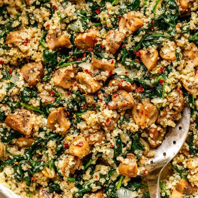 Quinoa Pilaf With Salmon, Spinach And Mushrooms